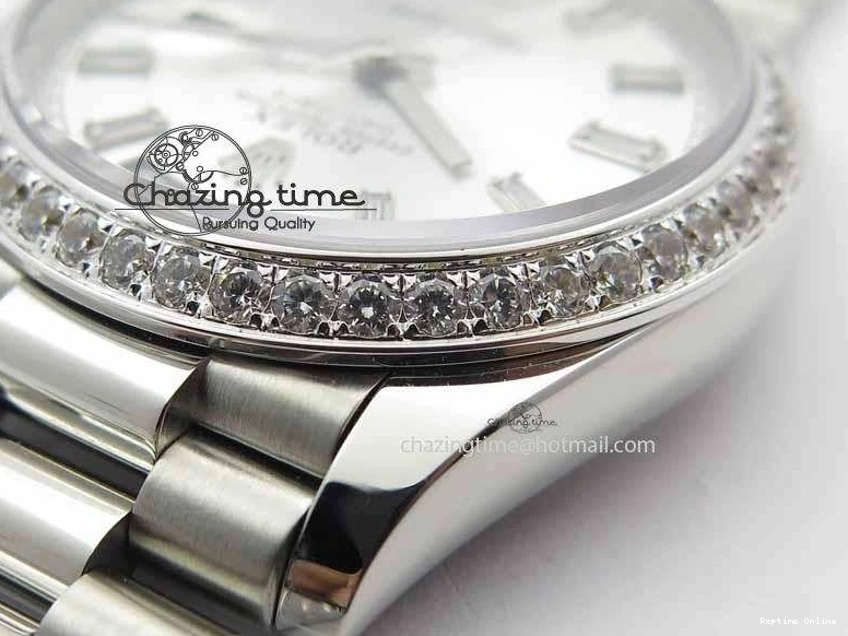 0126 TechFriendly Day Date 40mm SS BP Maker Best Edition Diamond Bezel Silver Dial On SS Bracelet ETA 3696
